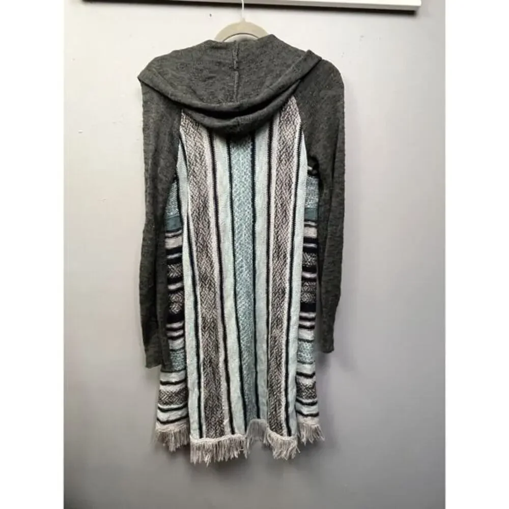 Between Me & You‎ Open front Cardigan Womens Small Fringe Hooded Gray striped
